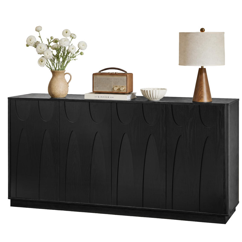 Buffet 64 po à 4 portes avec tablettes réglables, crédence de rangement moderne Mid-Century pour le salon ou la cuisine, noir