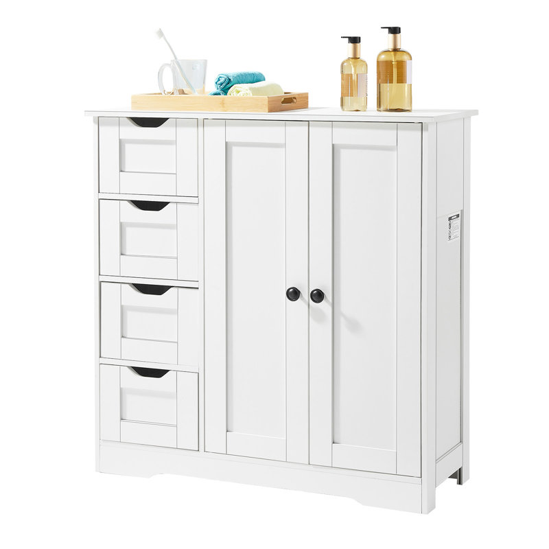 Wooden Bathroom Floor Cabinet Storage 4 Drawers and Adjustable Shelf White