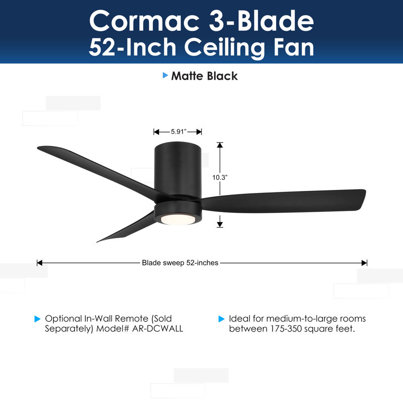 CORMAC 52 inch 3-Blade Hugger Ceiling Fan With Remote and Dimmable Light, Matte Black