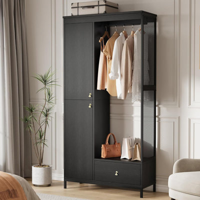 Armoire-penderie moderne avec cadre en bois et métal, portes doubles, tringle suspendue ouverte et tiroir inférieur pour la chambre à coucher, petits espaces