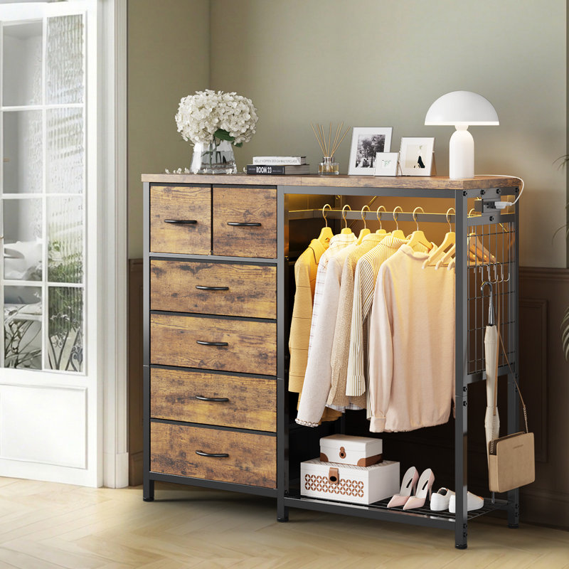 Armoire 6 tiroirs en tissu avec tringle, Brown