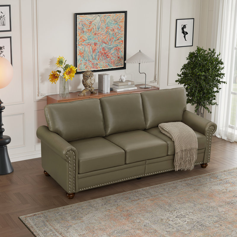Salon en similicuir taupe pour toutes les saisons, fabrication en bois massif et en métal, coussins polyvalents confortables, stabilité à 6 pieds, clous argentés, fonction de rangement, zone de processus d'assemblage facile,