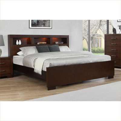 Platform Bookcase Storage King Size Solid Wood Bed with Built-in LED Lighting and Headboard Storage, Cappuccino Finish