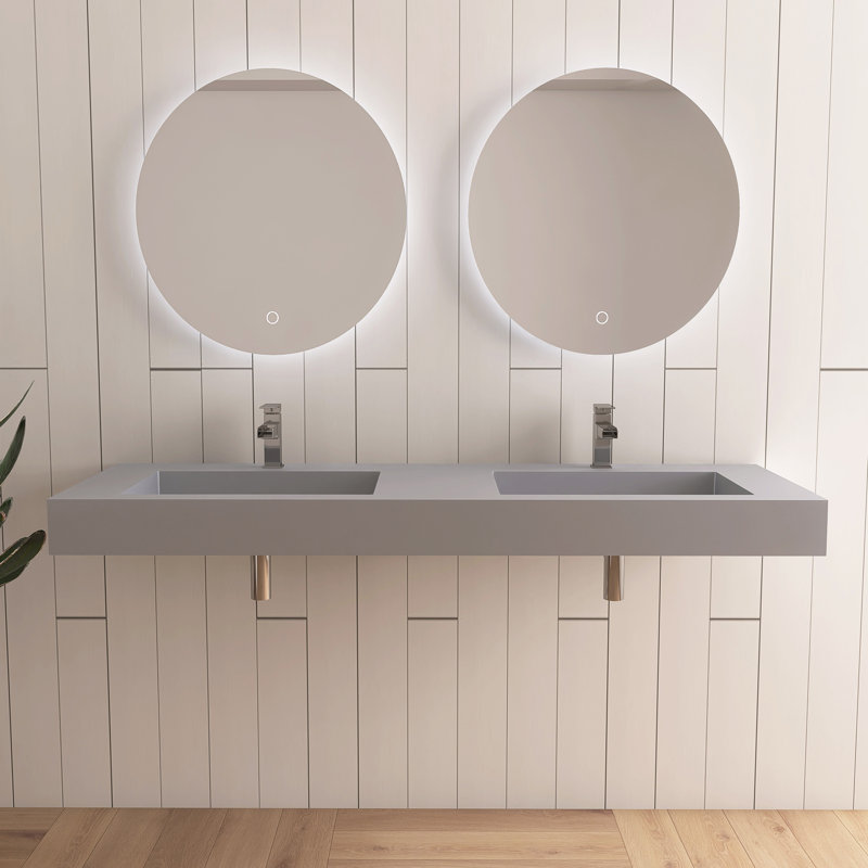 59" Wall-Mounted Solid Surface Bathroom Sink With Faucet Hole, Gray