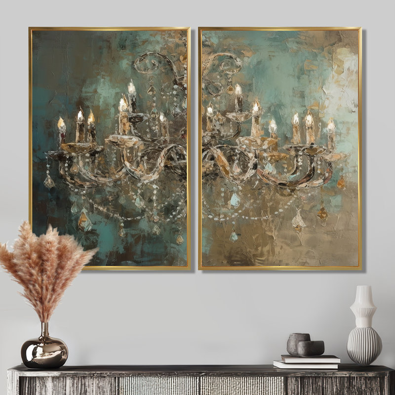 Grand chandelier «Vitrine III», 36" H x 48" W, Impression encadrée flottante, Gold