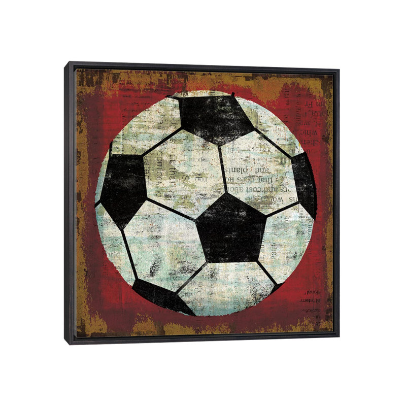 Ball IV On Red by Michael Mullan - Print, 18" H x 18" W x 1.5" D, Distressed Black Framed Canvas