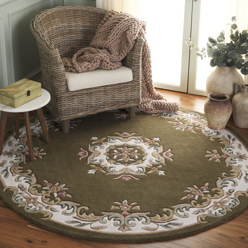 Aubusson 301 Hand Tufted Wool/Cotton Oriental Rug in Olive/Ivory, Round 6'