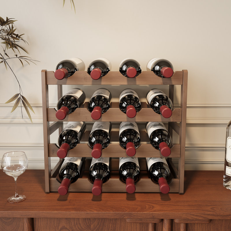Casier à vin en bambou pour 16 bouteilles, tablette de rangement à poser sur une table.