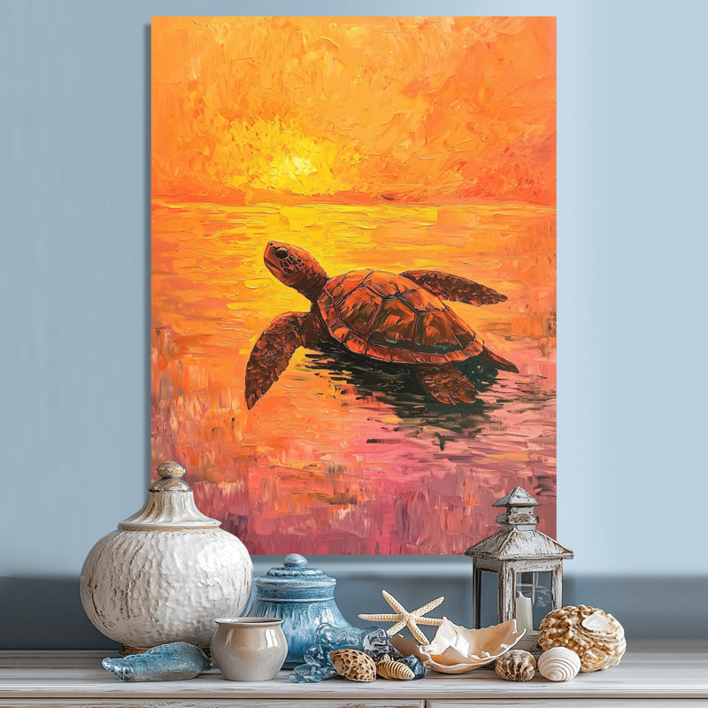 Tortue au coucher du soleil - décoration murale animaux en métal, imprimé tortue, H 20 po x l 12 po