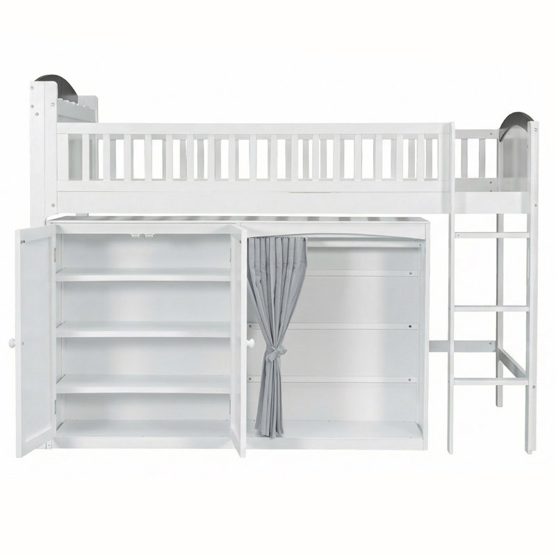 Lit mezzanine simple avec armoire de rangement, garde-robe et DEL - Lit en bois compact, blanc , Blanc