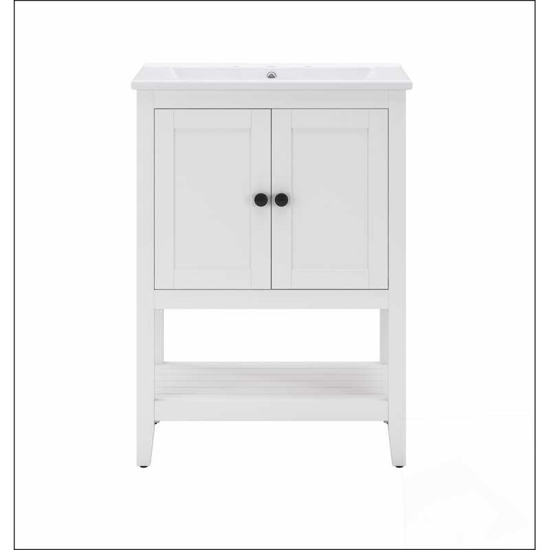 Lavabo de salle de bain moderne élégant en céramique blanche 24 po avec tablette ouverte en bois massif, Blanc, 24"