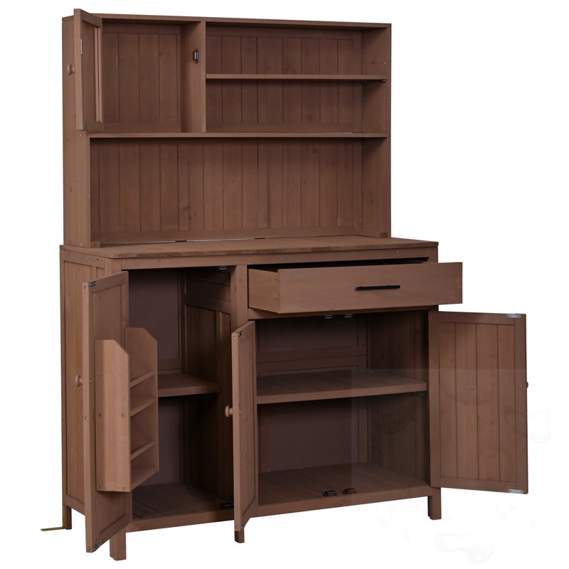 Grand banc de rempotage de comptoir avec huche, support à épices et crochet, Brown