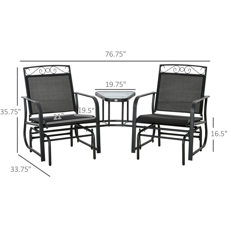 Fauteuil oscillant 2 places avec table centrale - chaise berçante, chaise berçante Airy, chaises de véranda de couleur noire et matériau respirant café
