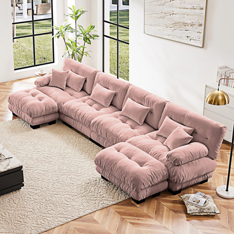 Modular Sectional Sofa Couch With Convertible Ottomans, Pink, 4, 35.43" H x 173.23" W x 36.03" D