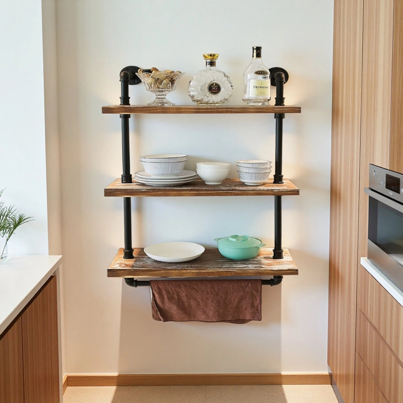 3 Tier Industrial Pipe Shelf Rustic Wood Floating Shelves,Wall Display Bookshelf,Storage Rack Sundries Holder For Kitchen Office Bathroom Organization And Home Decor (24Inch)
