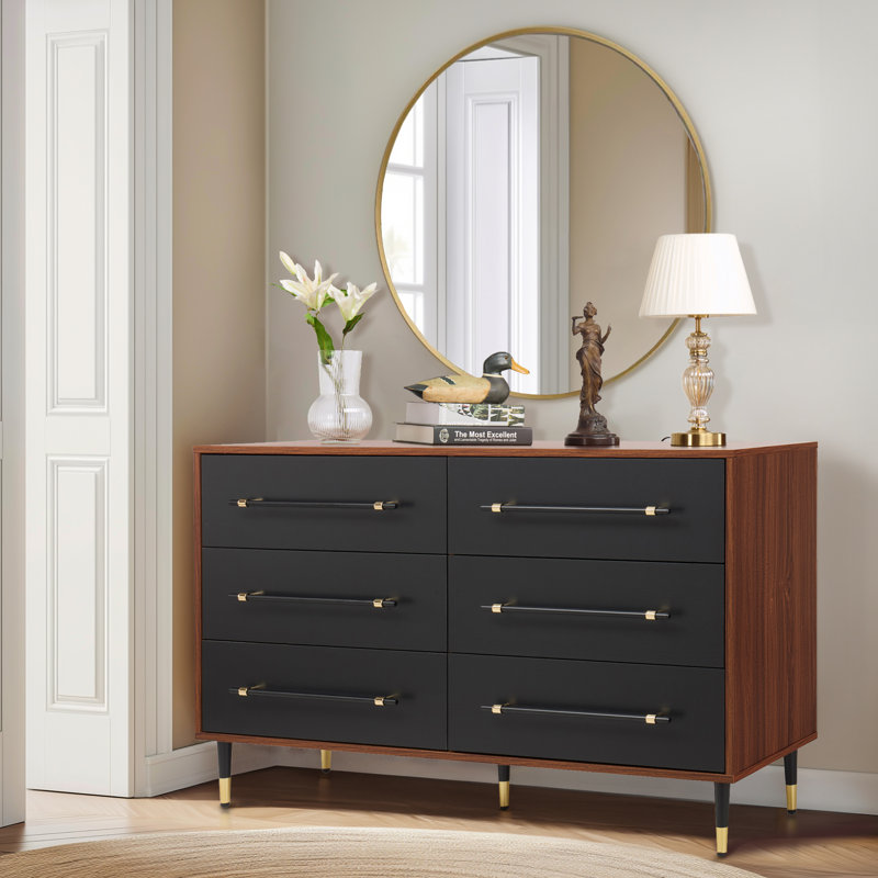 Commode 6 tiroirs Mid-Century moderne avec tiroirs noirs