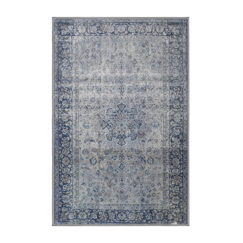 Tapis bleu/beige traditionnel Auburndale, Rectangle 2 pi x 5 pi