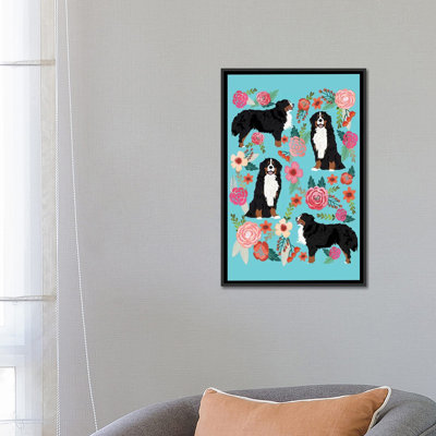 Collage floral bouvier bernois mountain dog, impression sur toile tendue