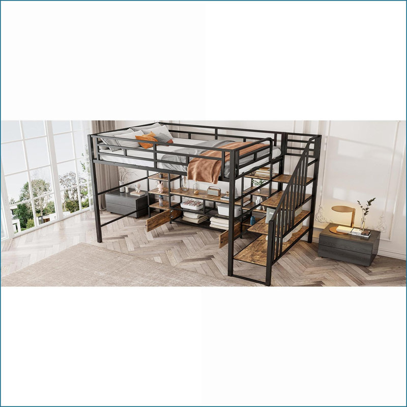 Lit mezzanine double en métal avec escalier, table de rangement basse et amp; Tablettes - noir, aucun sommier nécessaire
