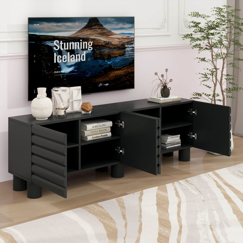 Meuble télé de style crème, console multimédia à porte ondulée épaisse avec 4 armoires, centre de divertissement moderne avec pieds cylindriques