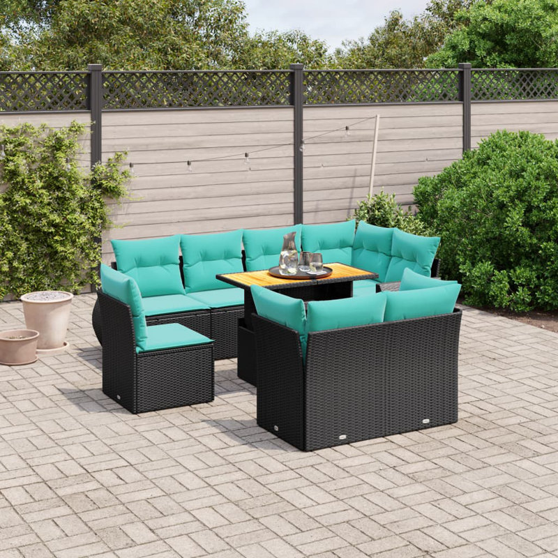  Ensemble de canapé de patio 9 pièces avec coussins en rotin de polyester, Noir, Vert