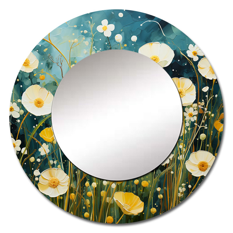 Teal blanc Buttercups Buttercup Meadow - miroir décoratif décoratif Buttercups, miroir bleu sarcelle, impression sur métal