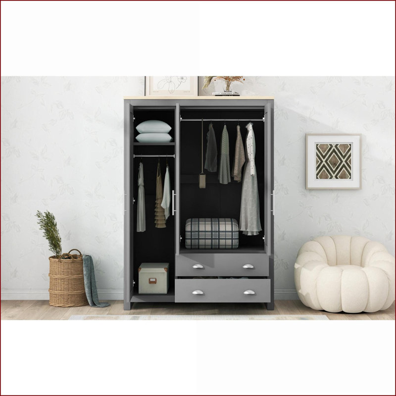 Commodes et amp; Garde-robes | Garde-robe 3 portes grise avec 2 tiroirs 2 tiges de suspension | Pin massif et panneau de fibres à densité moyenne | Gris | Panneau de fibres à densité moyenne