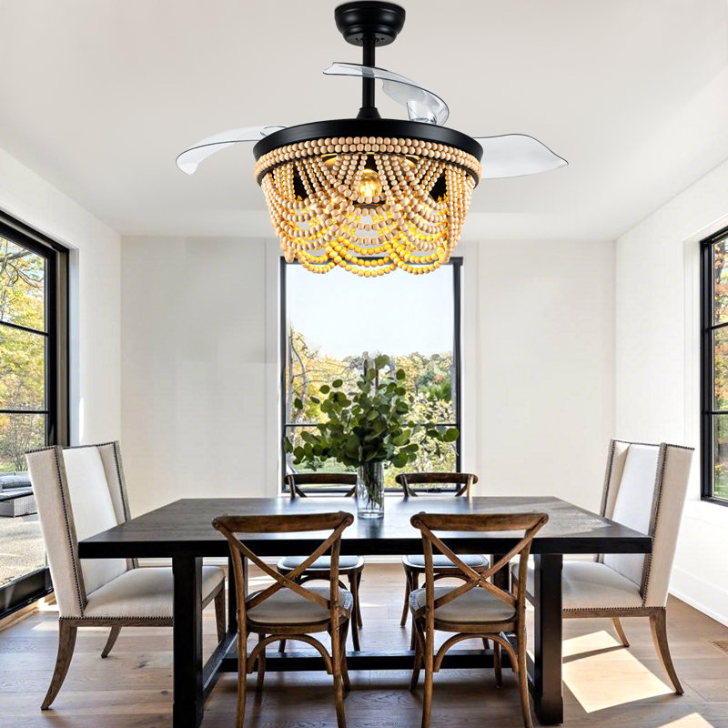 42" Farmhouse 3-Light Boho Wood Bead Ceiling Fan with Lights and Remote Control
