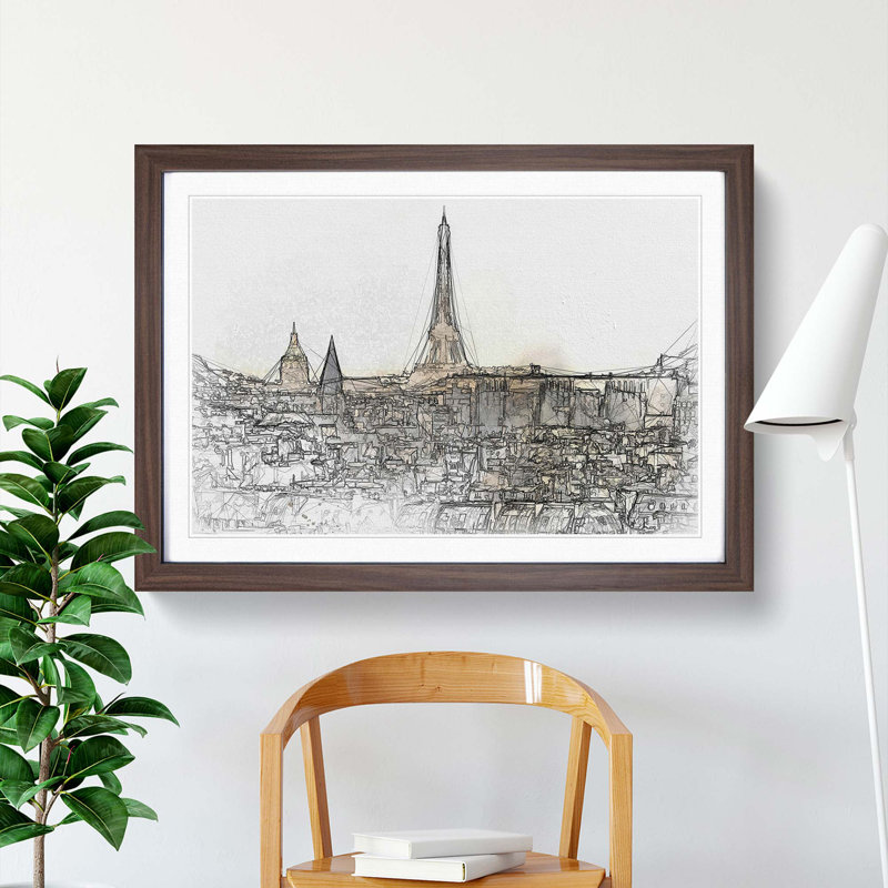Misty Eiffel Tower in Paris France - Picture Frame Graphic Art Print, 48cm H x 65cm W x 2cm D, Walnut Framed