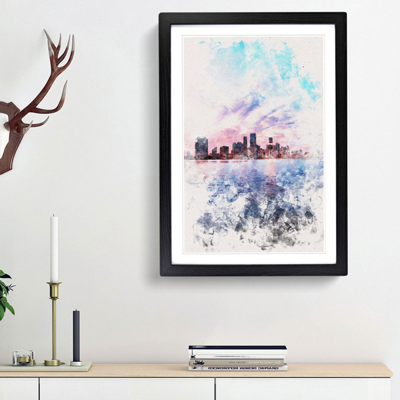 Miami Florida Skyline - Picture Frame Painting Print, 63cm H x 45cm W x 2cm D, Black Framed