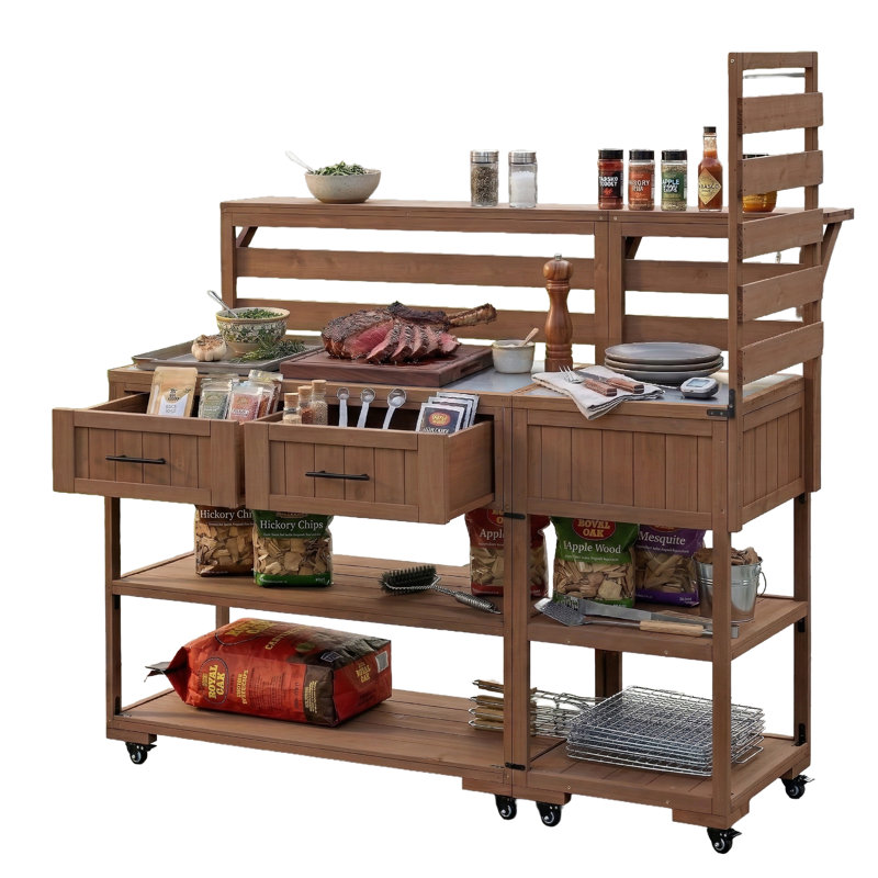 62.3" Patio Kitchen Island Solid Wood Kitchen Cart with Stainless Table Top, Garden Potting Bench with Raised Shelf and Drawers, Grill Prep Table for BBQ, Party, Brown