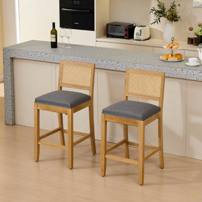 Tabouret de bar en bois massif à dossier en rotin, coussin en lin avec mousse à haute résilience et ressorts en S, idéal pour un îlot de cuisine, bar bas dans la salle à manger et le café, ensemble de 2
