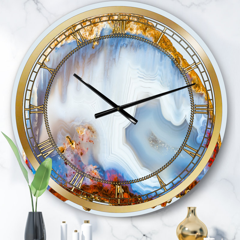 Horloge murale moderne calcédoine quartz or et bleu I, Petit