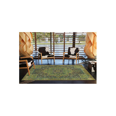 Green Geometric Traditional Woven Base Washable Rug