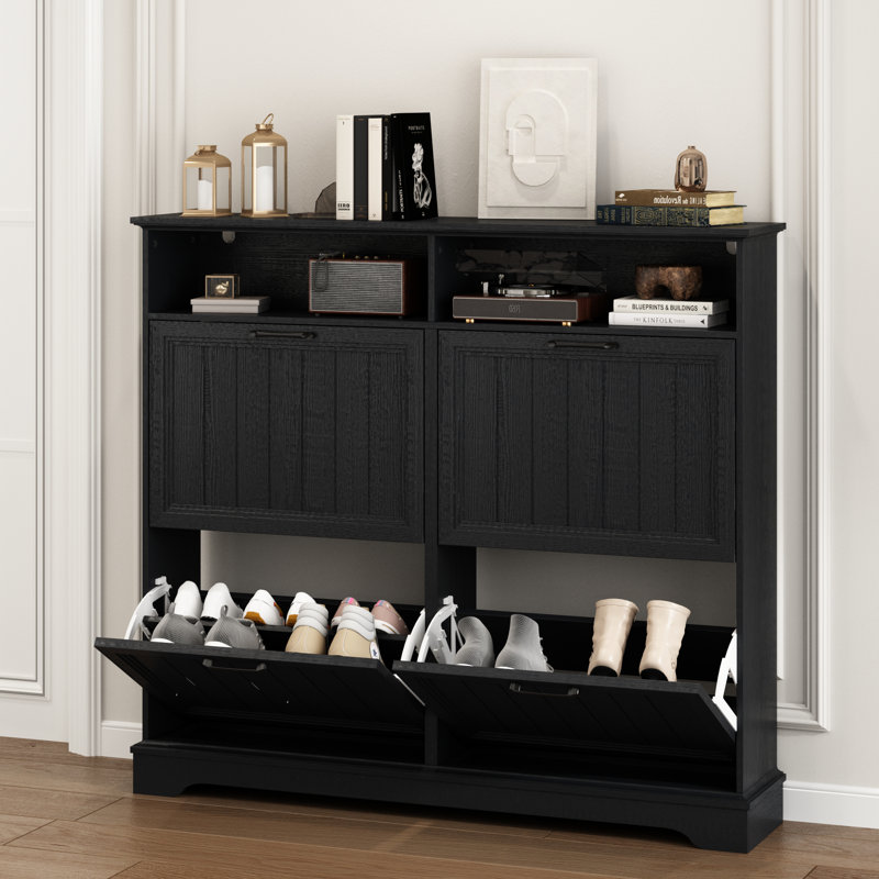 24 Pair Shoe Storage Cabinet with 4 Flip Drawers, Black