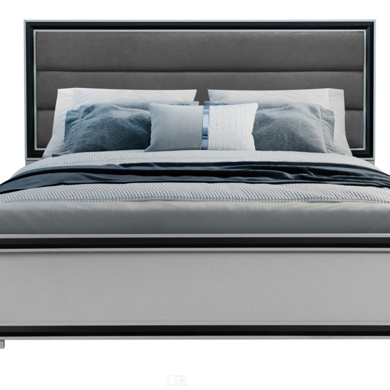 Lit très grand ADELAIDE GRIS NOIR avec éclairage à DEL, finition argentée élégante et tête de lit tapissier pour chambre à coucher moderne