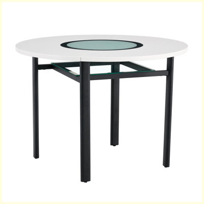 42" Modern Minimalist Round Dining Table for 4-6 People, White Tabletop with Gray Glass Inlay & Stable Metal Base for Kitchen, Dining Room