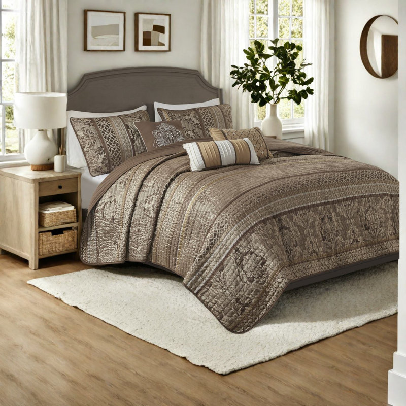 Luxurious Reversible Bedding Sets, Cotton Jacquard, Brown Gold For Home Decor