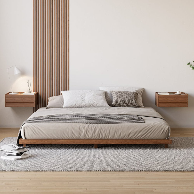 Japanese Style Queen Floor Bed Metal Bed Frame No Box Spring for Bedroom Walnut Color, Queen, Walnut