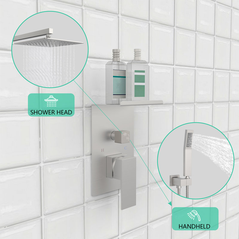 Rainfall Shower System With Storage Rack 10 Inch Shower Faucet Set Brushed Nickel With High Pressure With Square Shower Head Luxury Shower Set Wall Mount