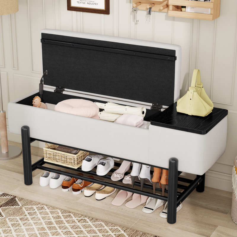 Banc de rangement rembourré avec tablette inférieure, Noir