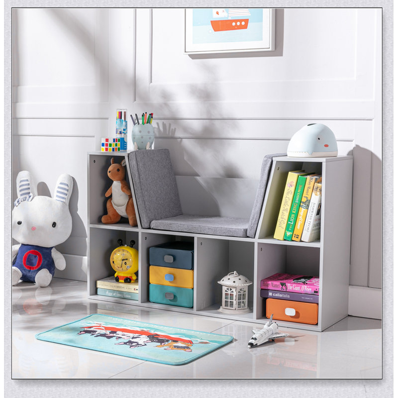 Bibliothèque pour 6 enfants avec coin lecture et coussin, rangement polyvalent pour chambre à coucher, salon, Grey