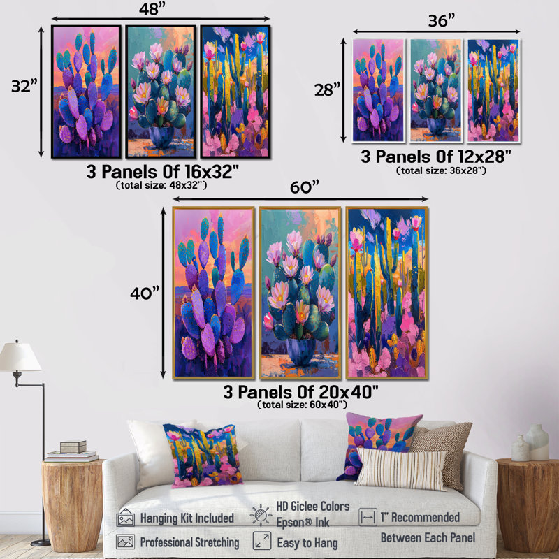 Cactus mauve et bleu - Vibes de coucher de soleil I - Collection traditionnelle de 3 impressions sur toile, H 28 po x l 36 po