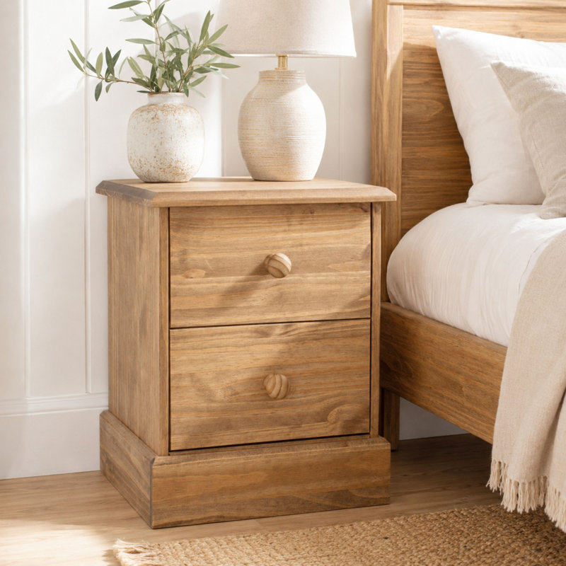 Pursley 2 Drawer Bedside Cabinet, Antique Waxed Storage