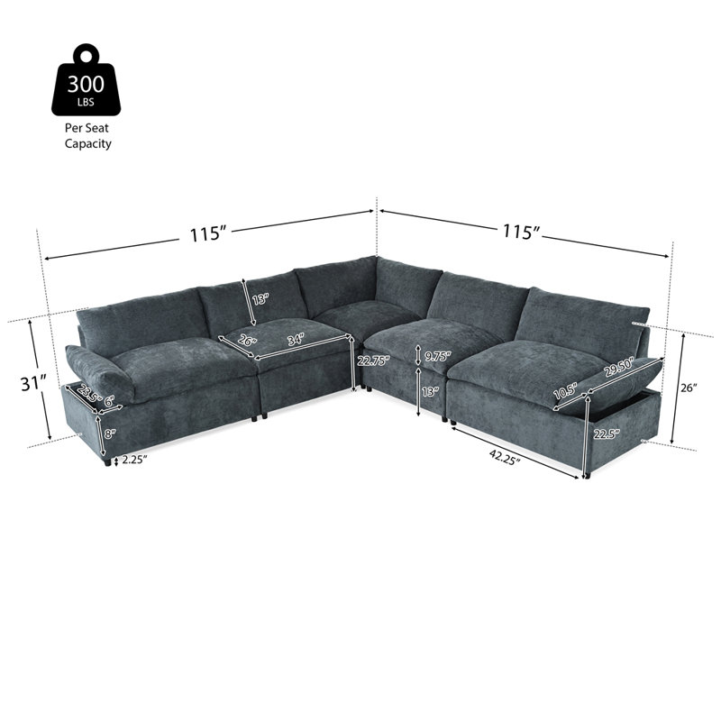 115.5" Modular Deep Grey Sectional Sofa with Durable Polyester Upholstery