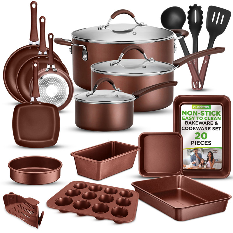 NutriChef 20-Piece Brown Non-Stick Aluminum Cookware Set
