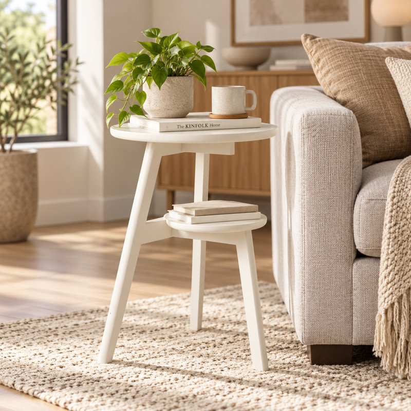 Solid Wood 2-Tier Round End Table with Storage Shelf for Living Room and Bedroom, Blanc