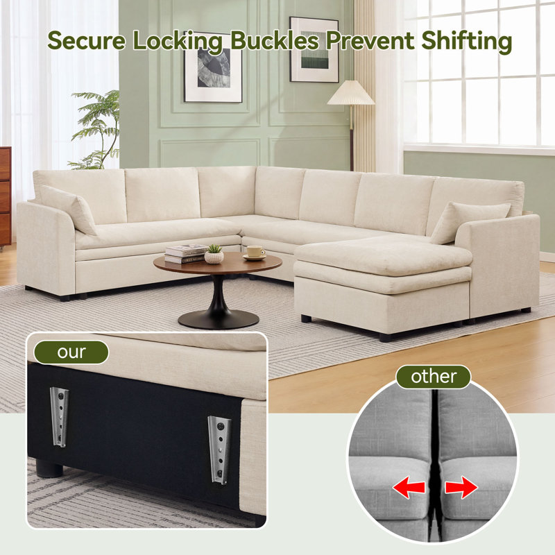  Modular Sectional Sofa with Chaise Lounge, Comfy Deep Dual-Layer Cushion Couch, 7 Seater Right Chaise Couch, Beige