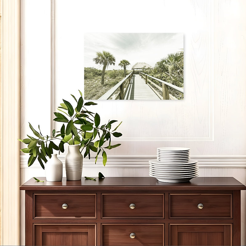 " Tropical Boardwalk Path Retro Vintage Abstract Palm Tree Coastal Wall Art Print " Print, 16" H x 24" W