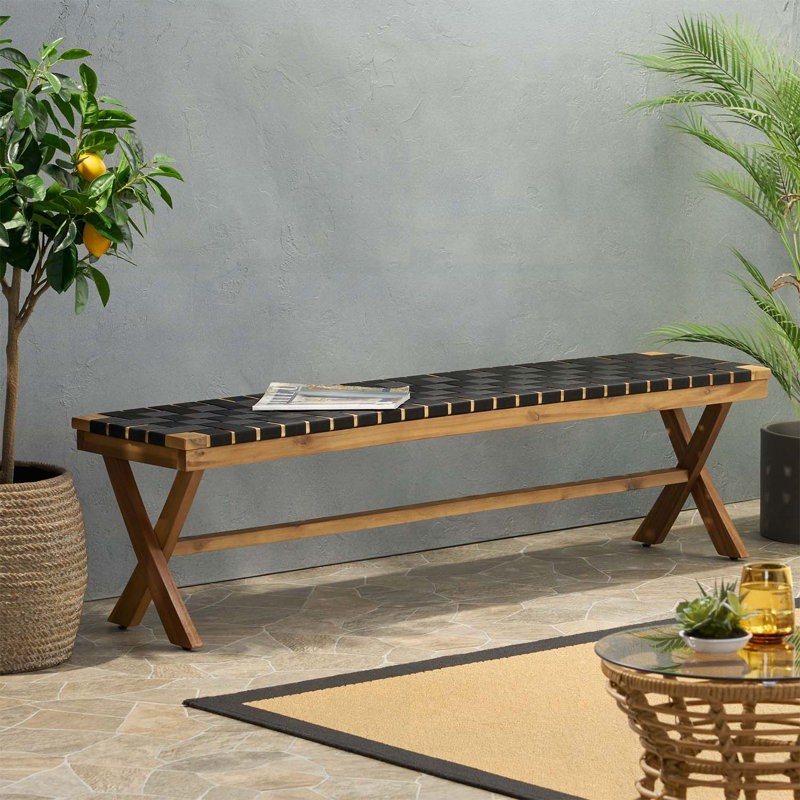 Banc d'extérieur en bois d'acacia durable avec armature en corde et cadre en X, parfait pour des sièges élégants et confortables
